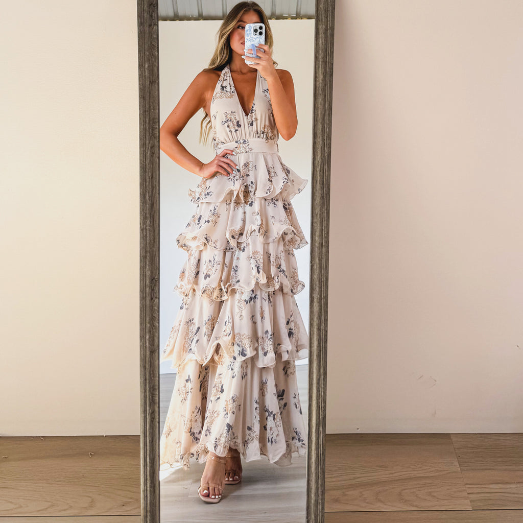Lindsay Ruffle Tiered Halter Dress-Taupe | Inside Out Boutique Lindsay Ruffle Tiered Halter Dress-Taupe | Inside Out Boutique
