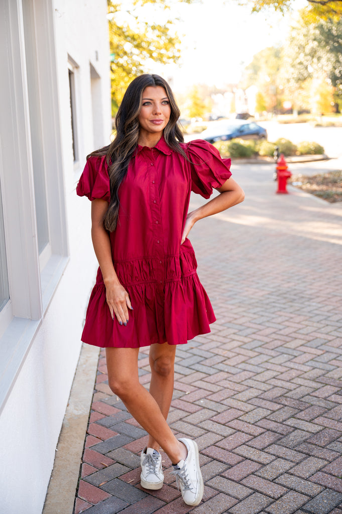 Natalie Puff Sleeve Dress-Crimson