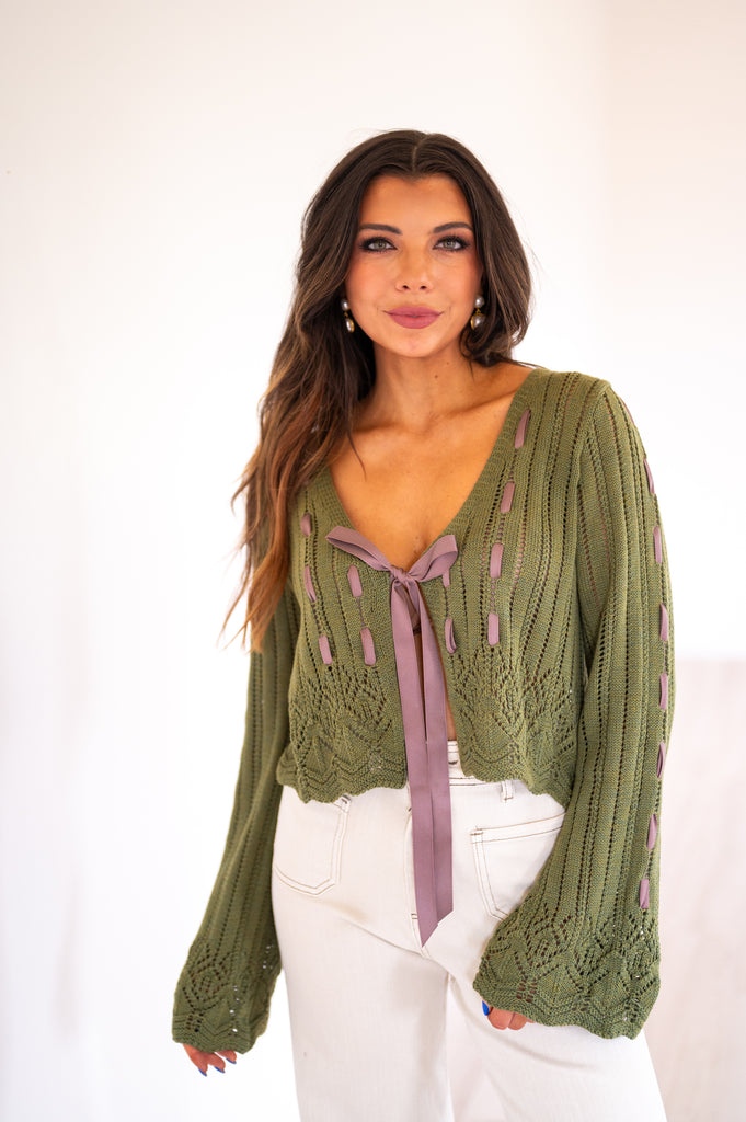 Olivia Laced Ribbon Cardigan-Olive Green