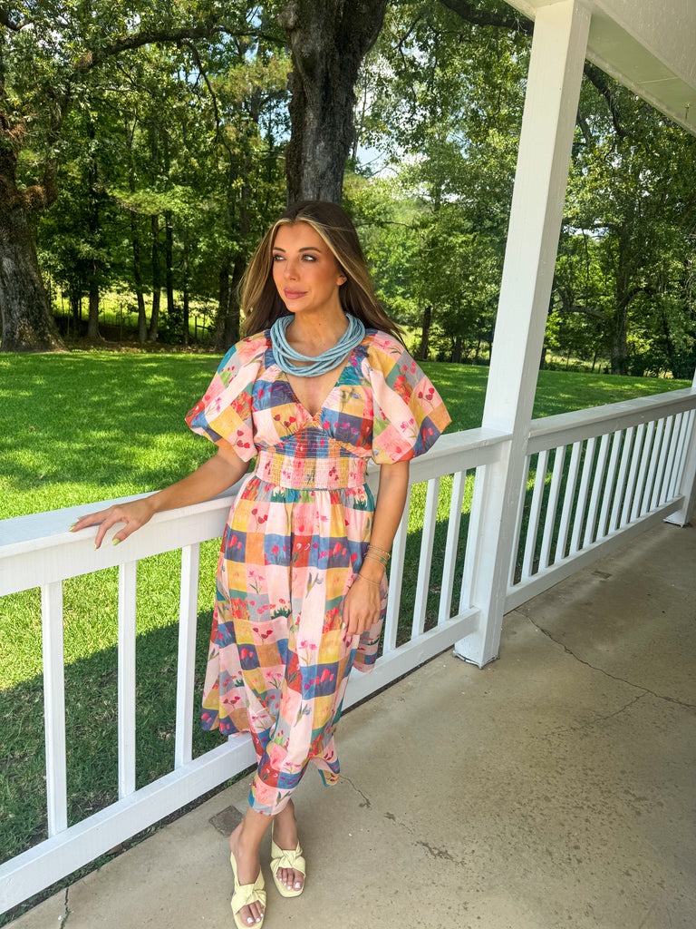 Puff Sleeve Floral Checkered Midi Dress