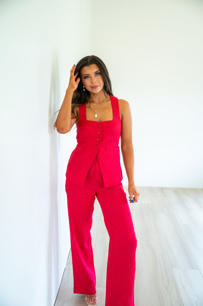 Amanda Linen Pant Set-Red