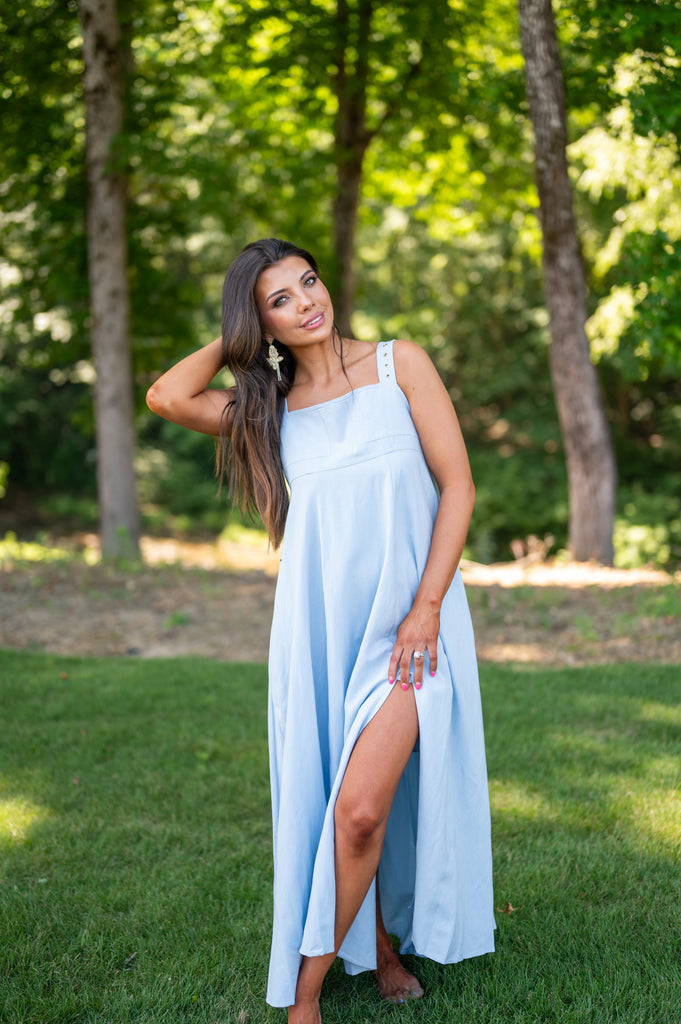 European Summer Maxi Slit Dress-Baby Blue | Inside Out Boutique European Summer Maxi Slit Dress-Baby Blue | Inside Out Boutique