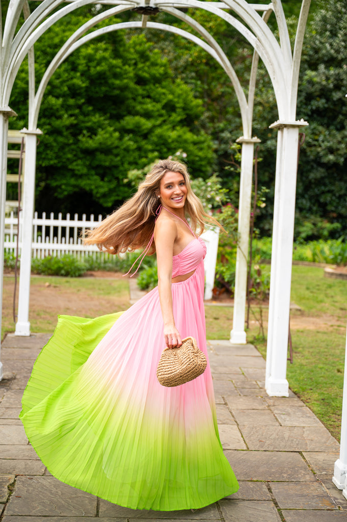 Kylan Halter Pleated Maxi Dress-Pink/Lime