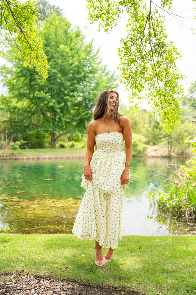 Sandy Strapless Tiered Floral Midi Dress-Yellow