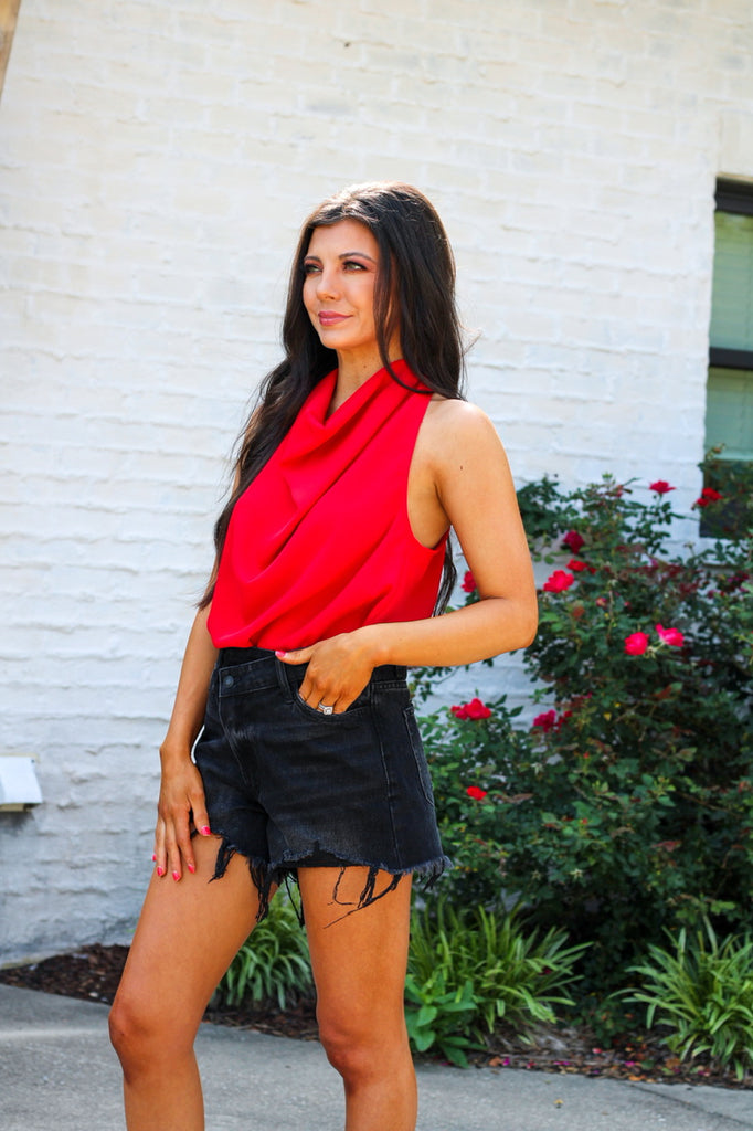 Red Draped Cowl Neck Top
