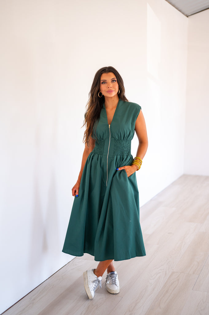 midi hunter green dress Hunter Green Split Neck Puff Short Sleeve Tiered Midi Dress