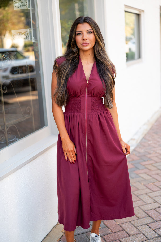 Everly Zipper Midi Dress-Maroon