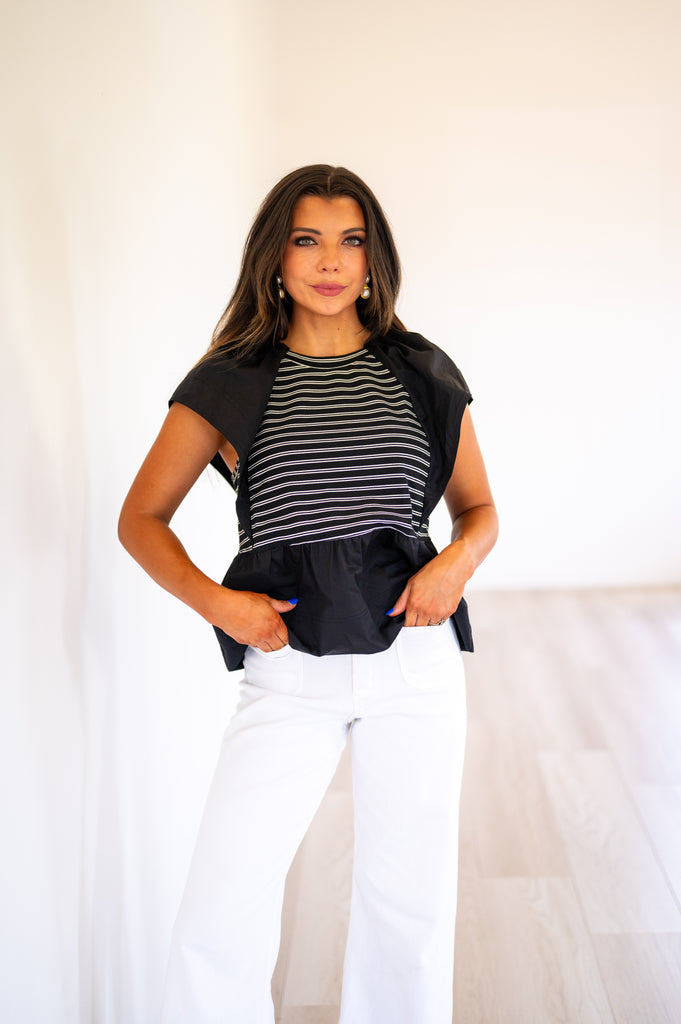 Devin Stripe Ruffle Top-Black