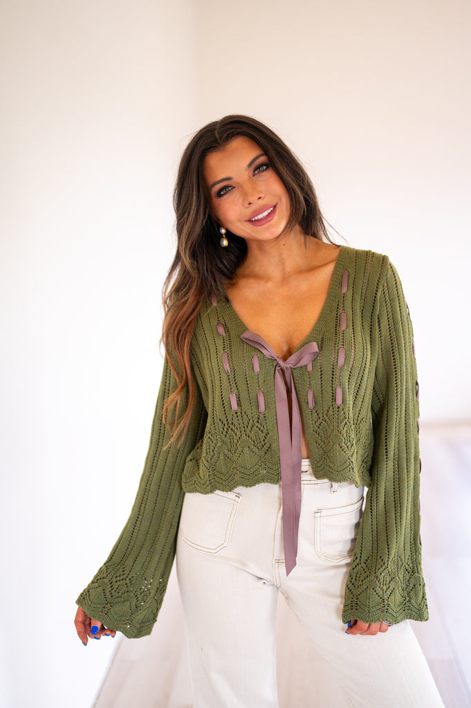 Olivia Laced Ribbon Cardigan-Olive Green