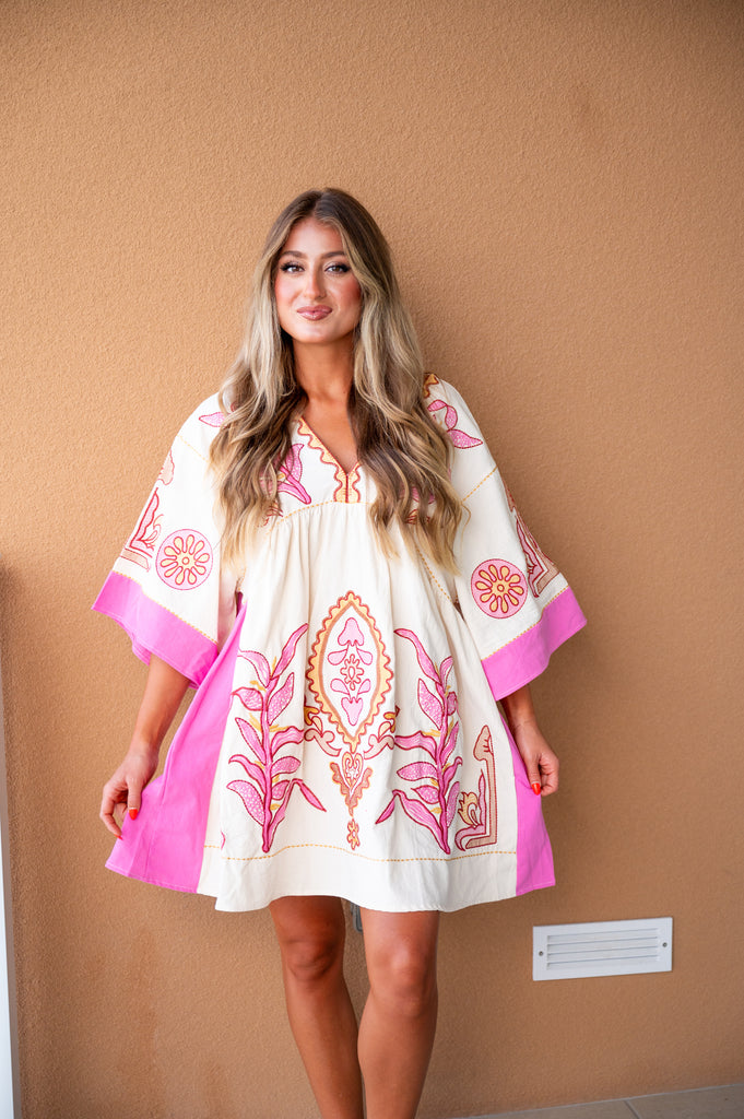 Payton Embroidery Dress-Cream/Pink