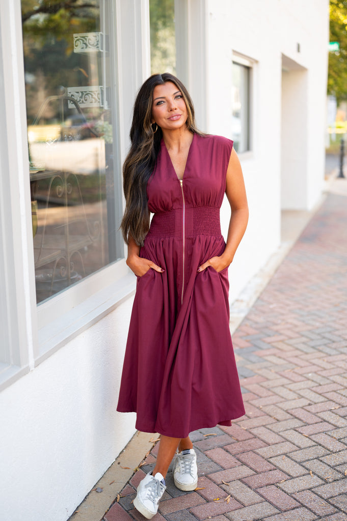 Everly Zipper Midi Dress-Maroon