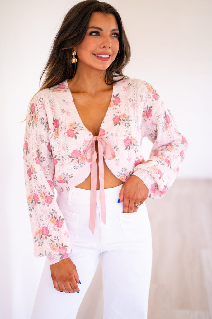 Evie Floral Bow Cardigan-Pink