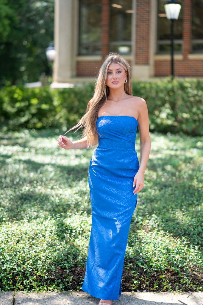 Strapless Jacquard Slit Dress-Blue