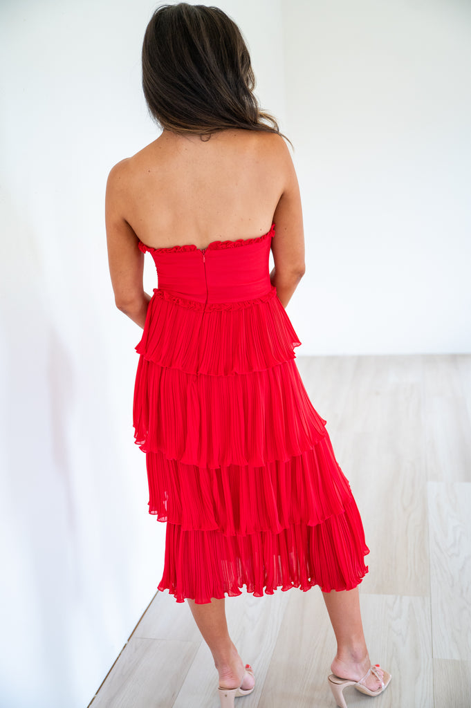 Caselyn Strapless Tiered Midi Dress-Red