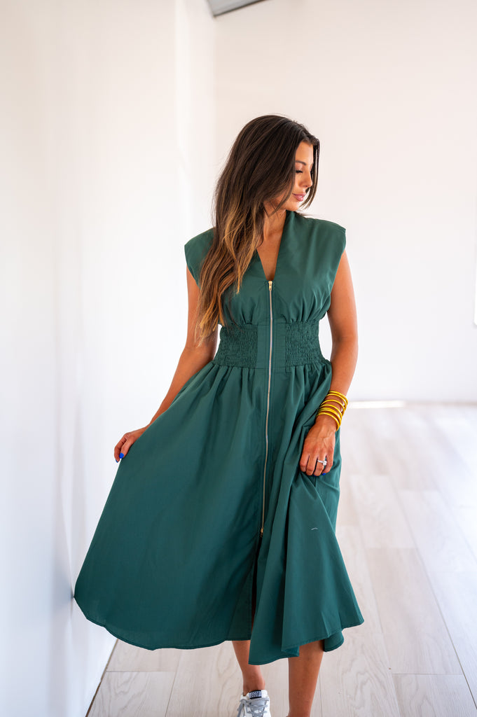 Aden Midi Zipper Dress-Hunter Green