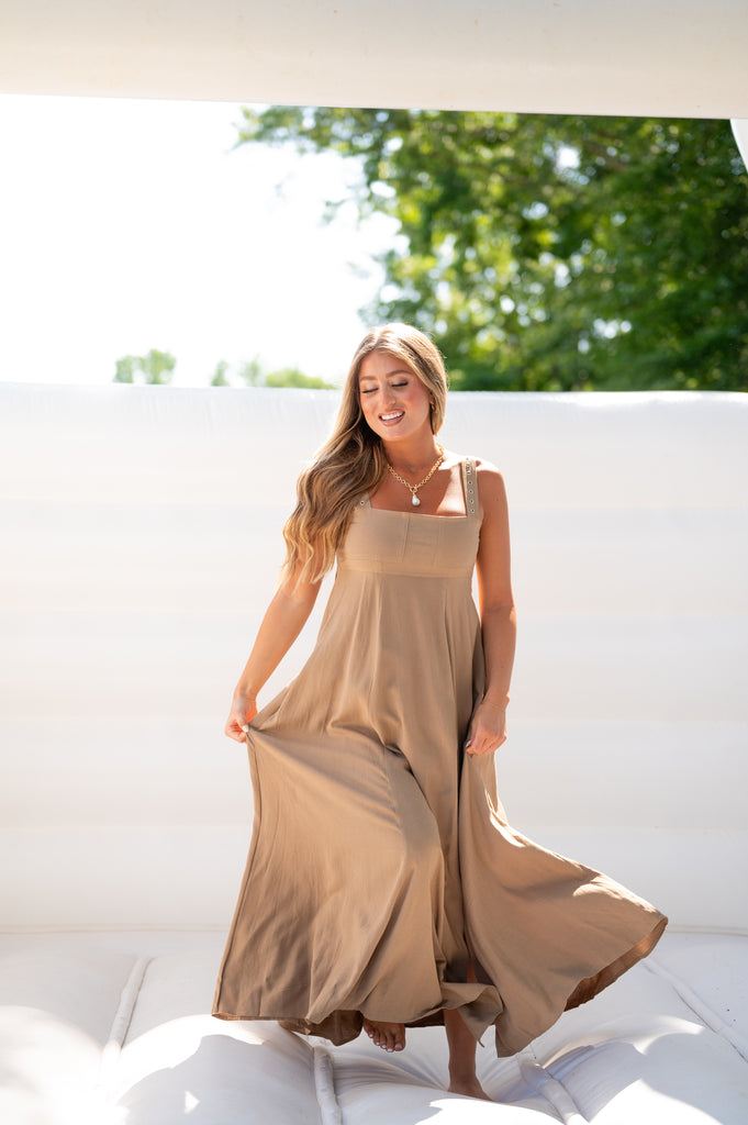 European Summer Maxi Slit Dress-Tan