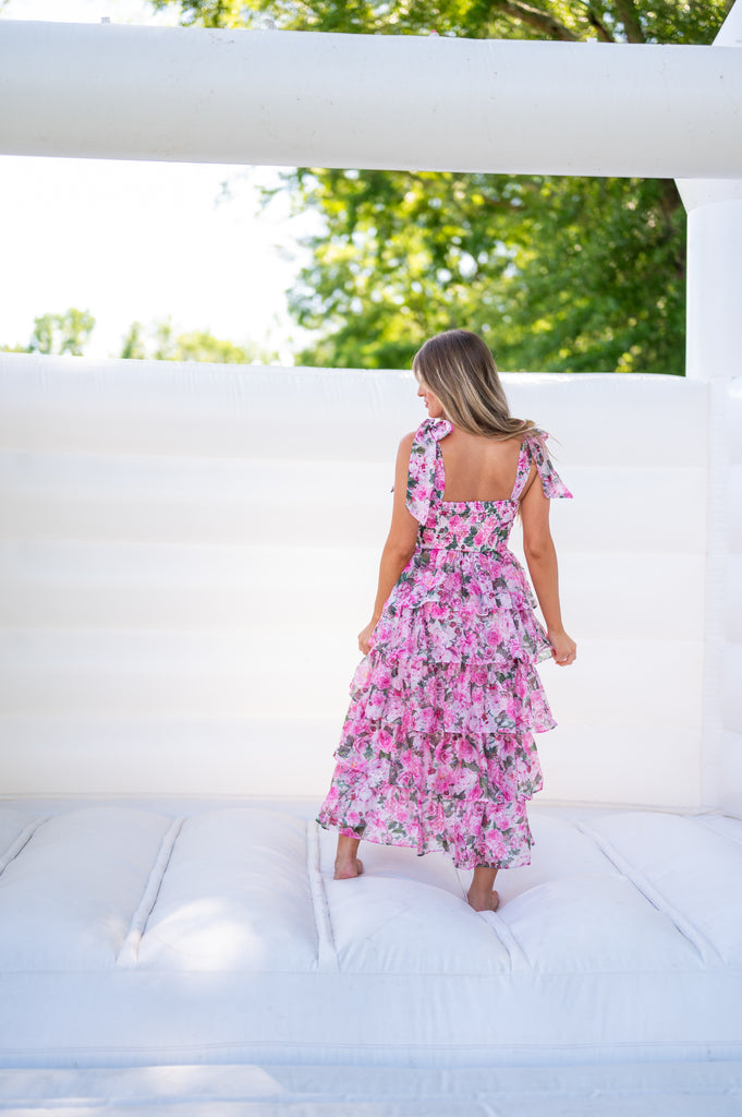 Macy Floral Ruffle Midi Dress-Pink | Inside Out Boutique Macy Floral Ruffle Midi Dress-Pink | Inside Out Boutique