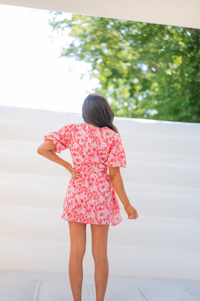 pink puffed sleeve dress Ruched Floral Puff Sleeve Dress-Cherry Pink RESTOCKED