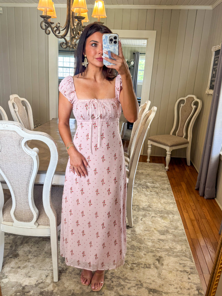 open lace back dress Dainty Floral Print Midi Dress-Pink
