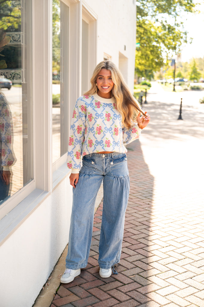 Bow Floral Oversized Sweater-Cream