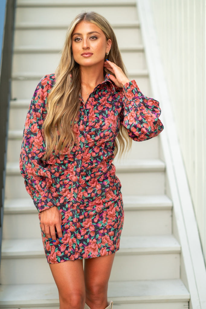 Floral Corduroy Ruched Dress- RESTOCK