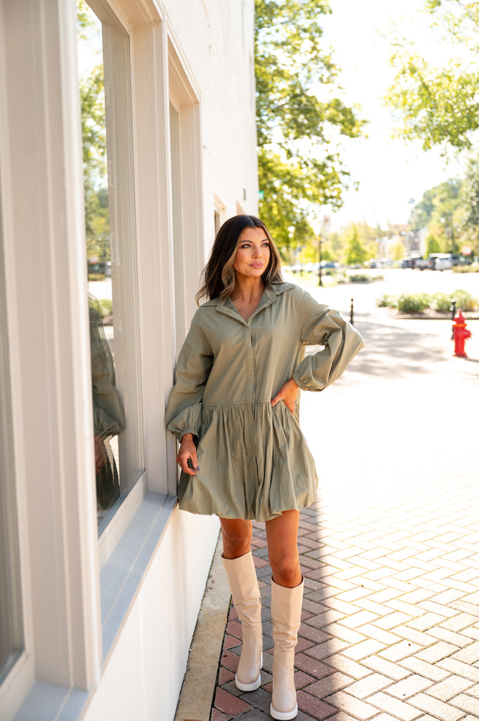 Carmin Button Down Dress-Olive Green