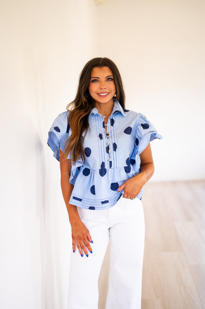 Shannon Polka Dot Ruffle Top-Blue