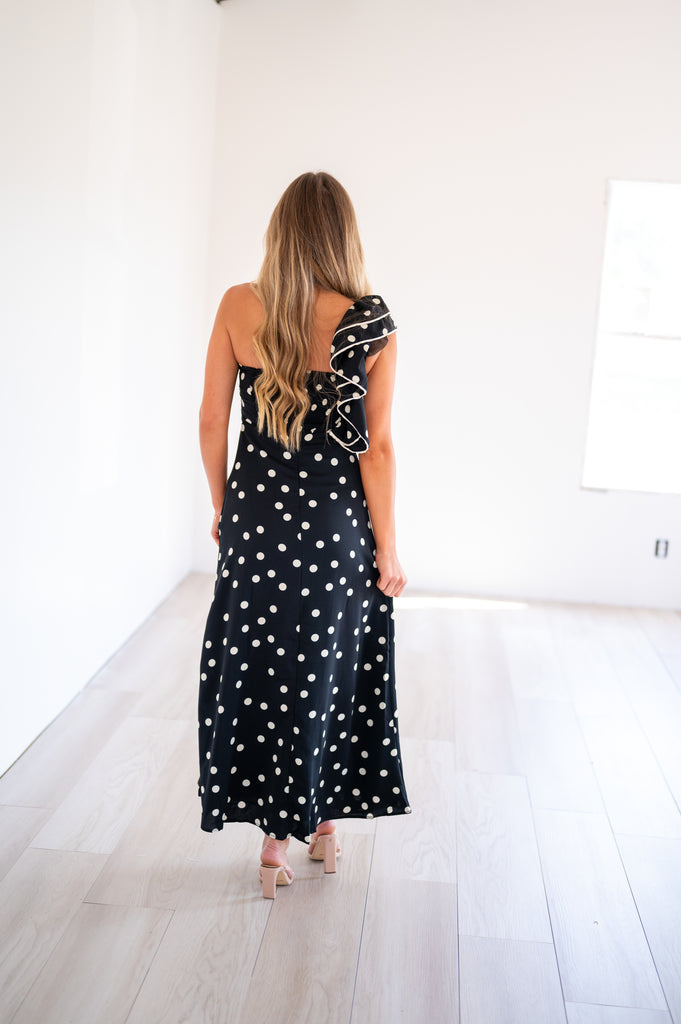 Kate Polka Dot One Shoulder Dress-Black