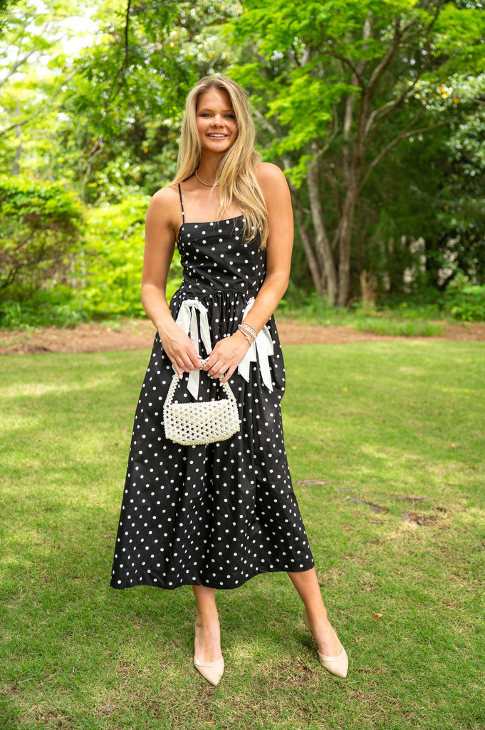 Polka Dot Bow Midi Dress-Black