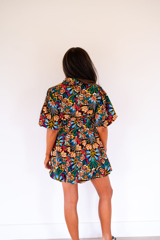 Chaney Puff Sleeve Bubble Dress-Black Multi