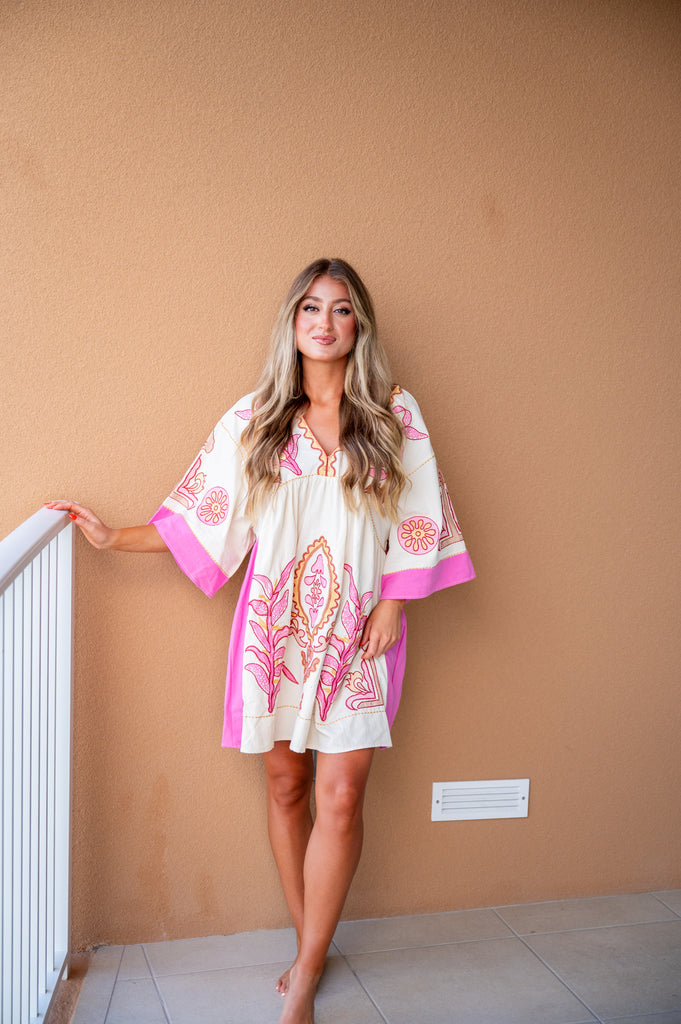 Payton Embroidery Dress-Cream/Pink