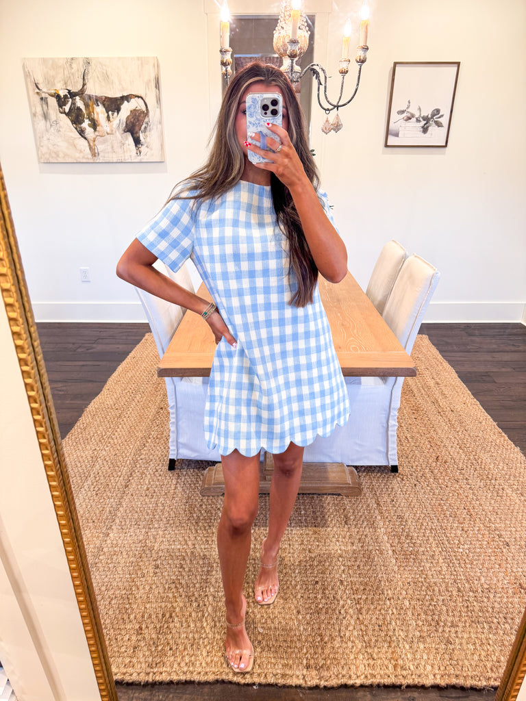 Fancy Gingham Scalloped Dress-Blue