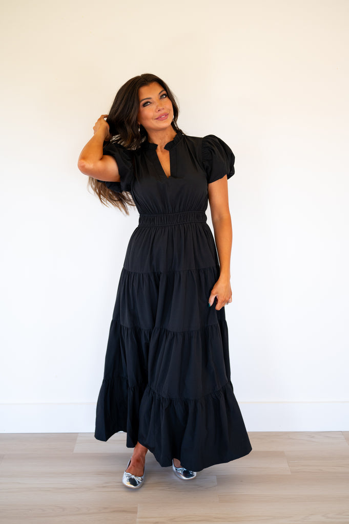 Dana Puff Sleeve Tiered Dress-Black