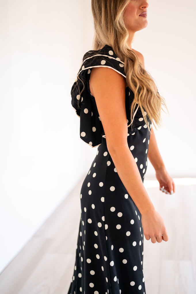 Kate Polka Dot One Shoulder Dress-Black