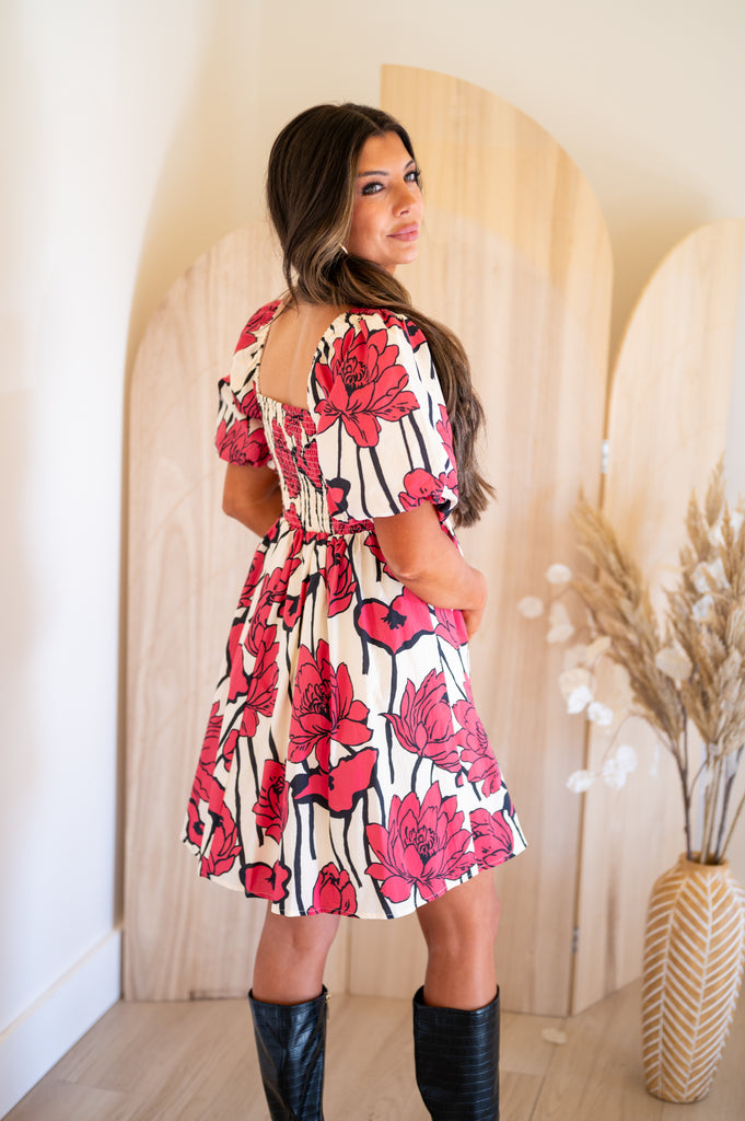 Ezra Puff Sleeve Floral Dress-Red