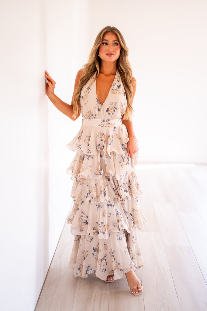 Lindsay Ruffle Tiered Halter Dress-Taupe | Inside Out Boutique Lindsay Ruffle Tiered Halter Dress-Taupe | Inside Out Boutique