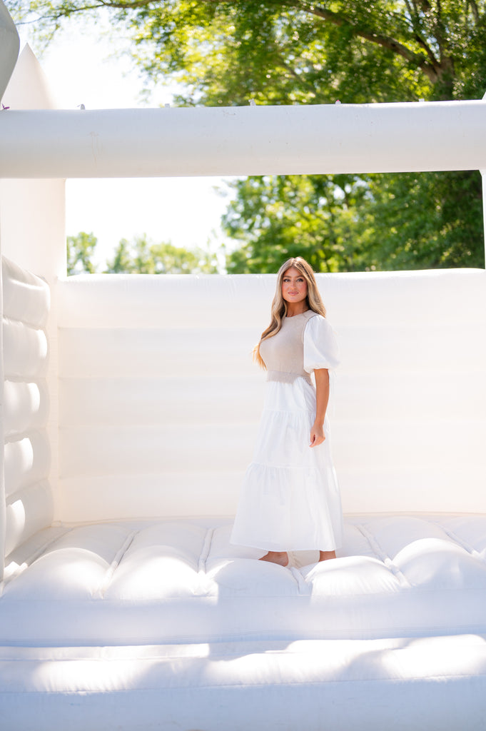 Alys Puff Sleeve Dress-Tan/White