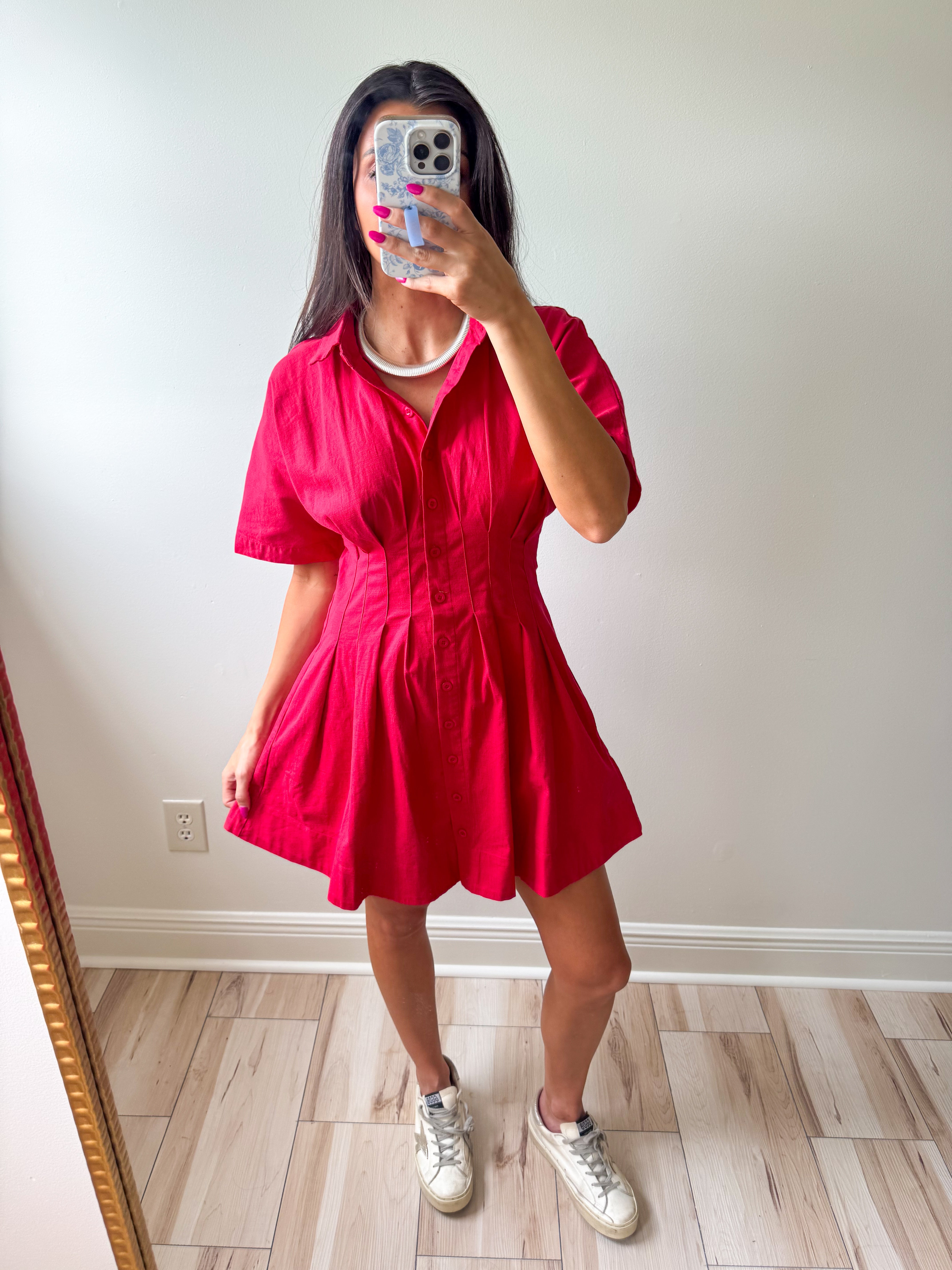 red pleated dress Pleated Mini Dress-Red