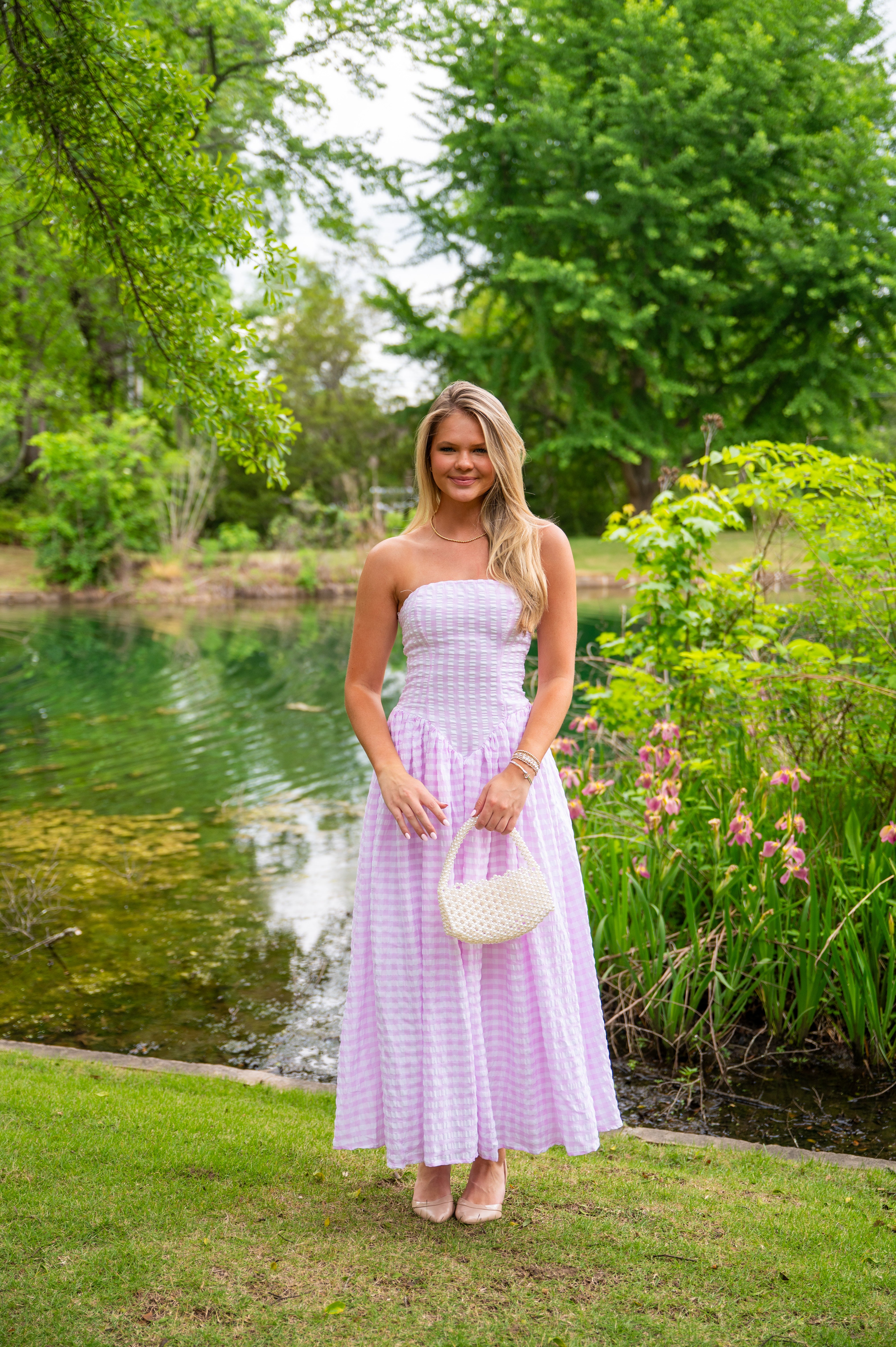 purple gingham dress Gingham Strapless Maxi Dress-Pink