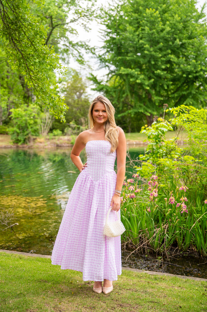 Gingham Strapless Maxi Dress-Pink