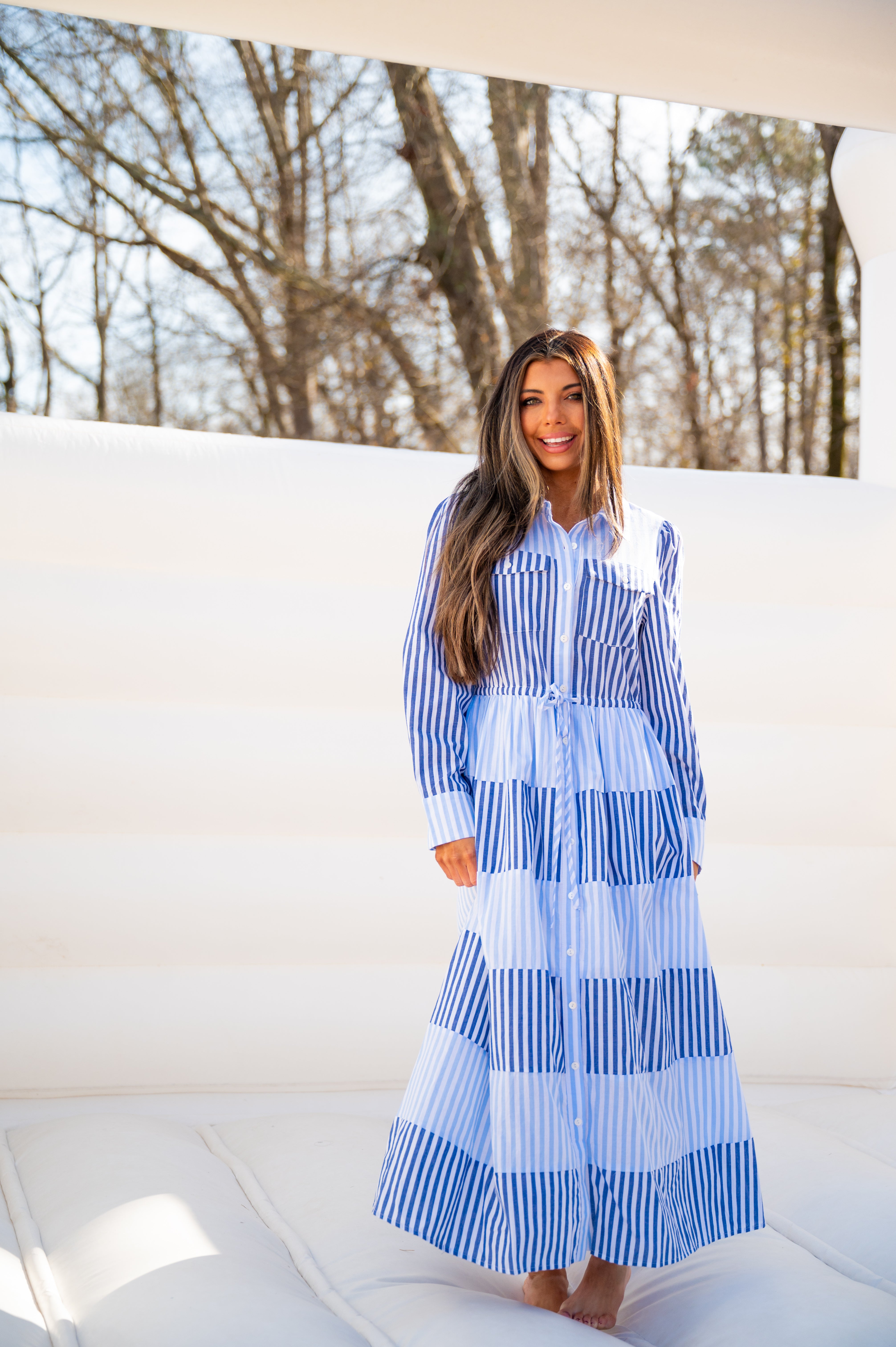 blue and black striped maxi dress Beach Riot Levie Maxi Dress