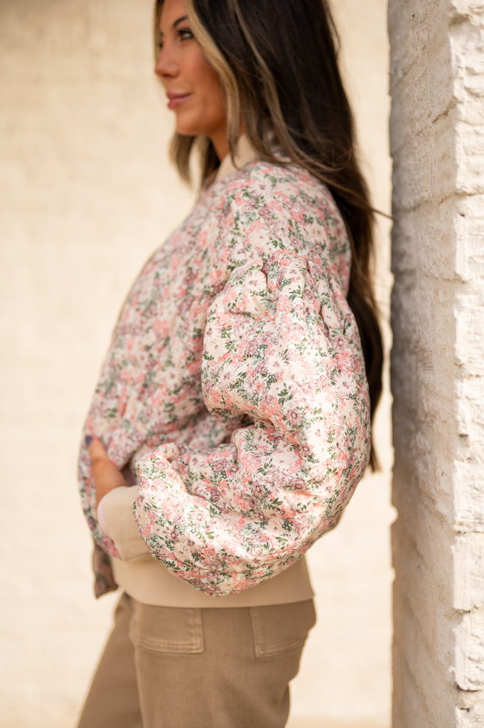 Floral Puffer Jacket-Pink Multi