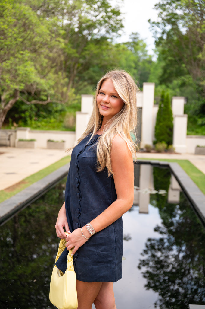 Addison Button Linen Dress-Navy