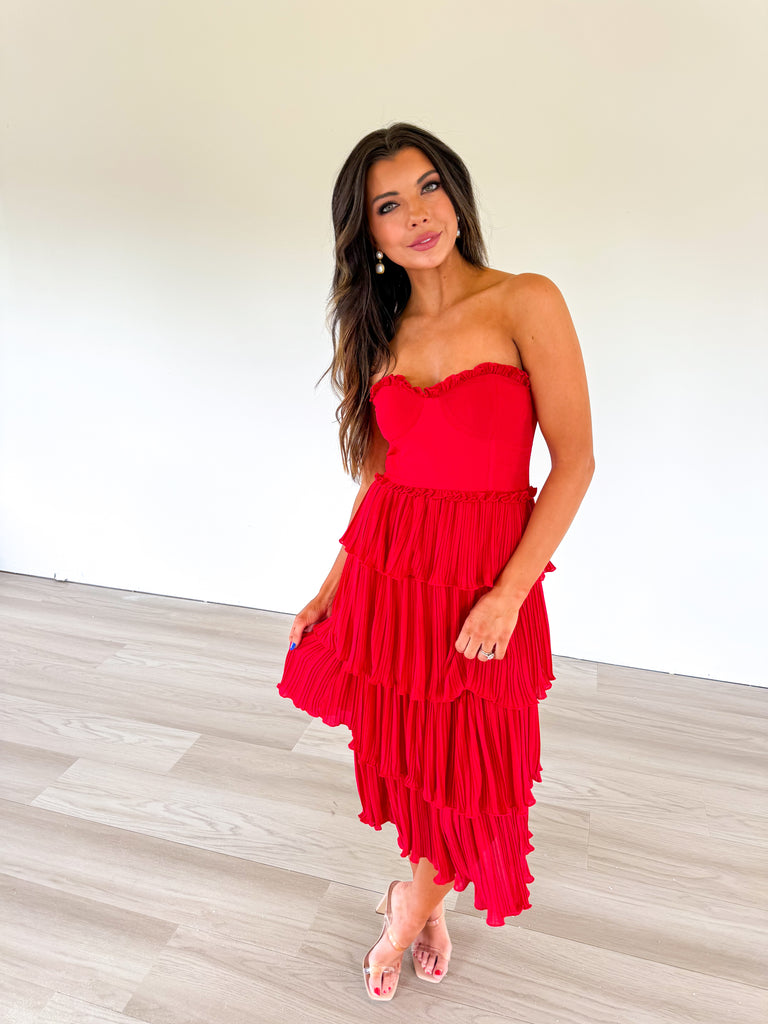 Caselyn Strapless Tiered Midi Dress-Red