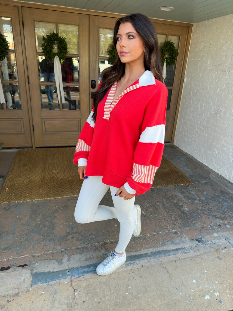 Haven Collared Tunic Pullover-Red/White