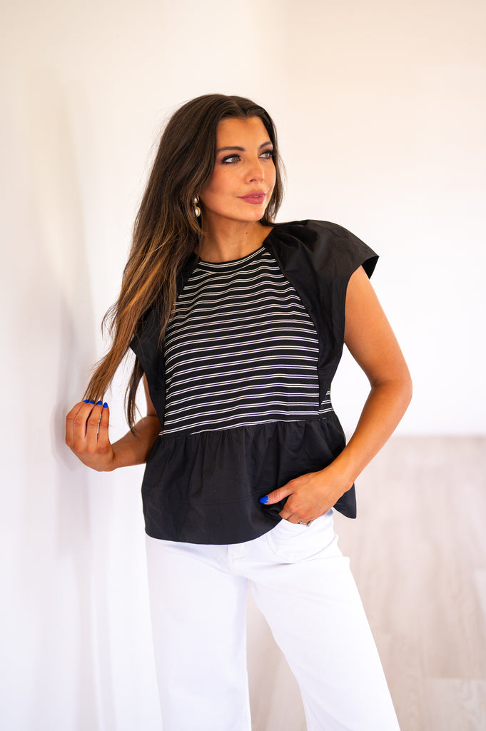 Devin Stripe Ruffle Top-Black