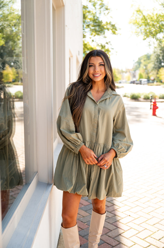 Carmin Button Down Dress-Olive Green