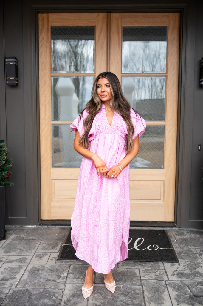 Missy Puff Sleeve Slit Maxi Dress-Pink