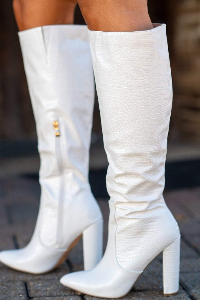 Millie White Croc Leather Boots