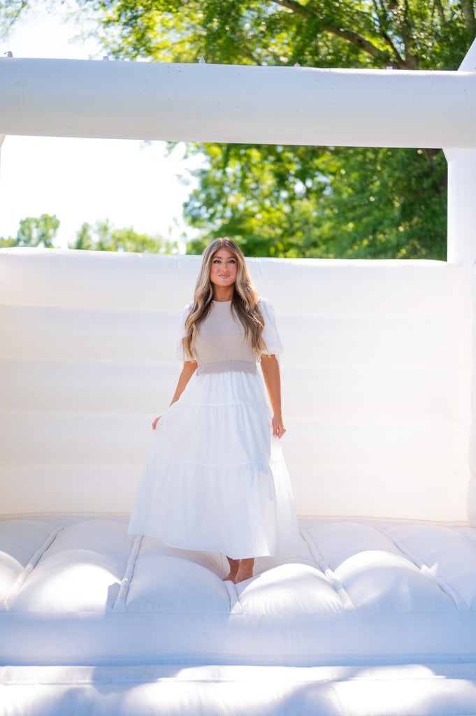 Alys Puff Sleeve Dress-Tan/White